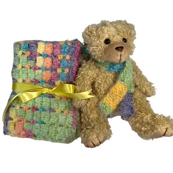 Baby Lovey Small Security Blanket Soft Multicolor Crochet Teddy Bear with Scarf - Picture 11 of 14